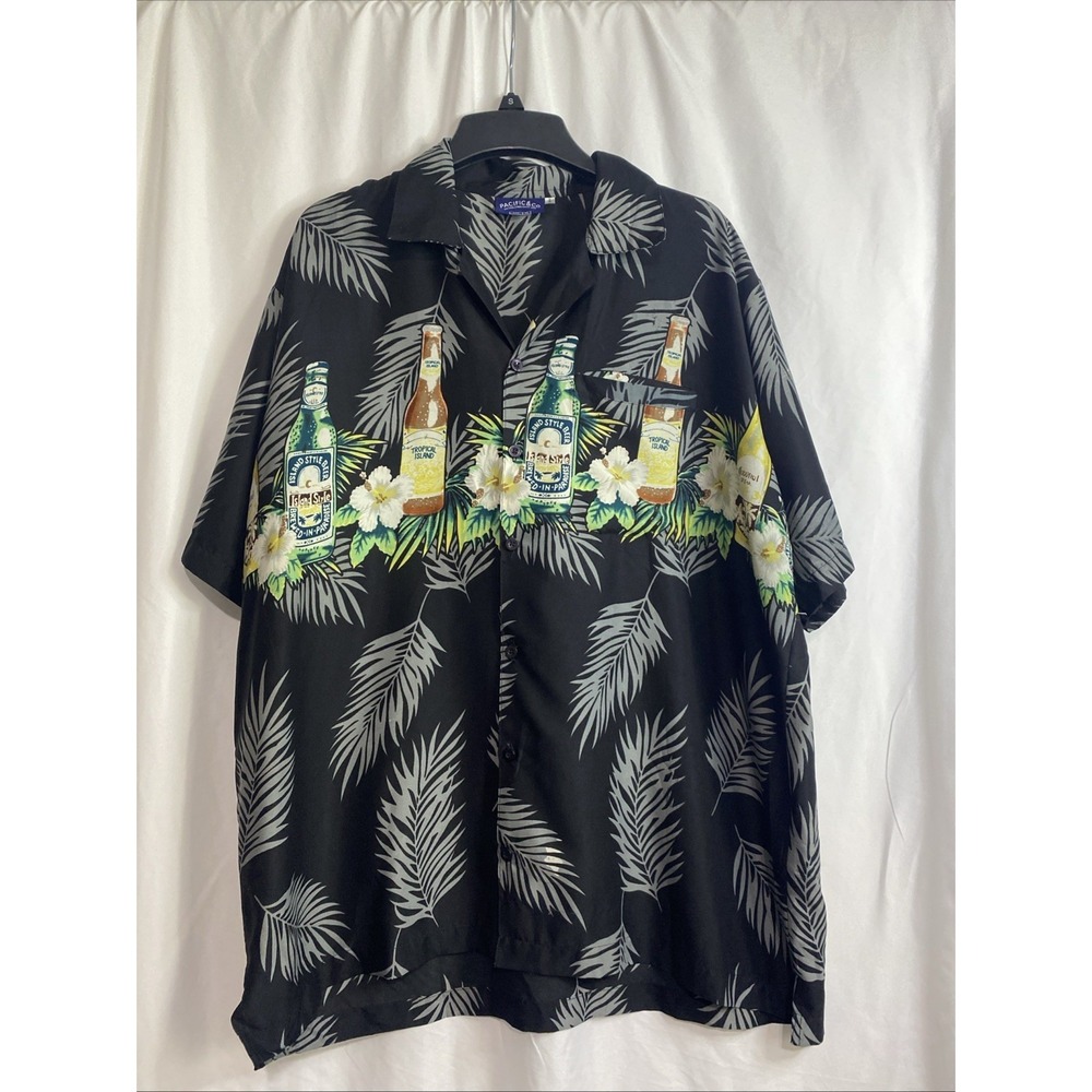 Pacific & Co Hawaiian Shirt Mens XL Black Beer Bottle Tropical Hibiscus Ex